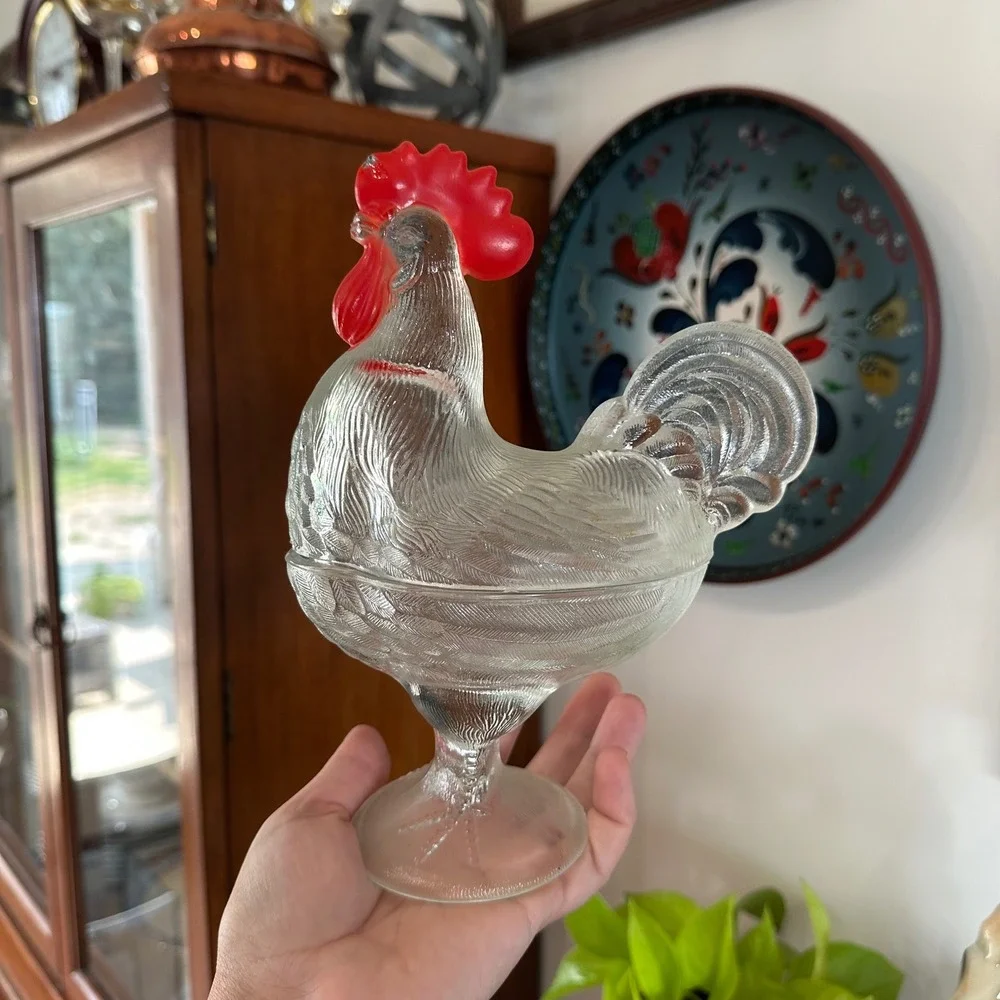 VTG Clear Glass Rooster Candy Dish Red Comb Pedestal Covered Compote Bowl MCM